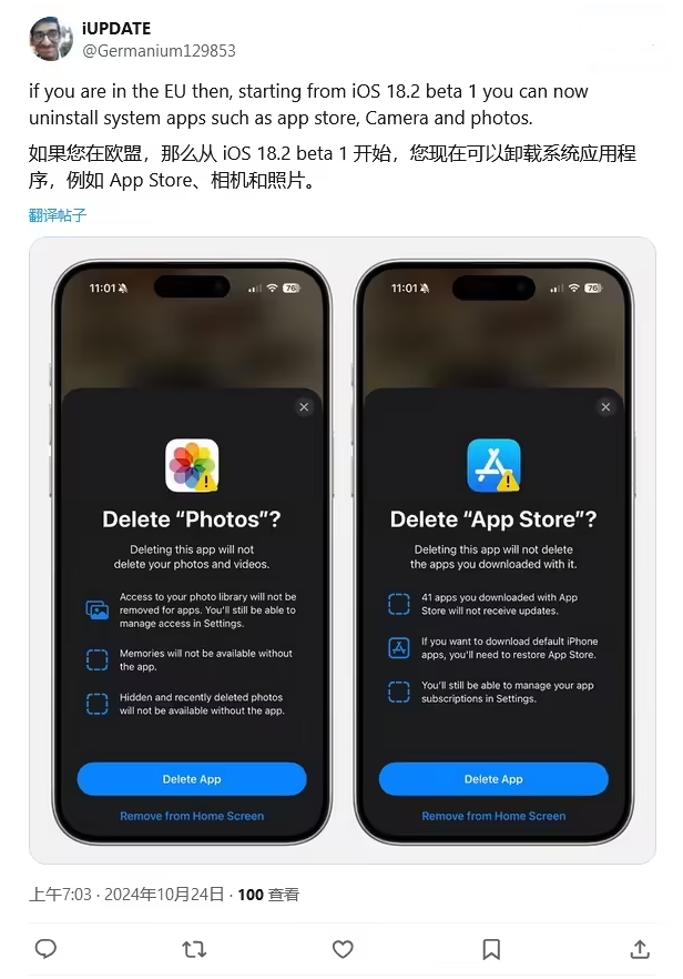 海伦苹果手机维修分享iOS 18.2 支持删除 App Store 应用商店 